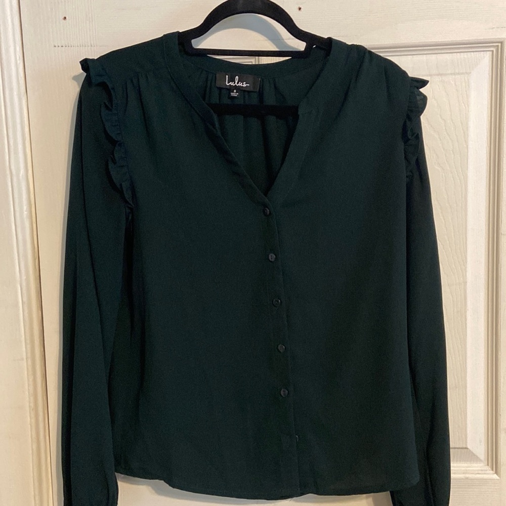 Lulus Forest Green Button Down Blouse with Ruffle Detail